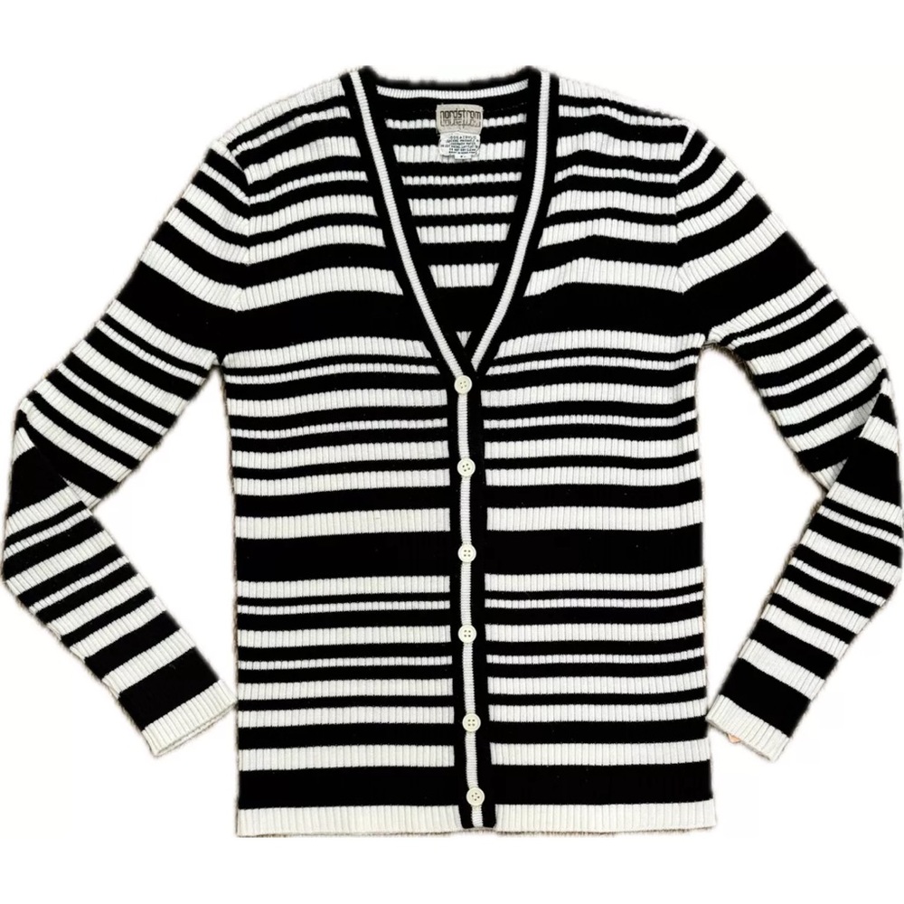 VINTAGE Nordstrom Women’s Black & White Sweater Cardigan RARE Size L